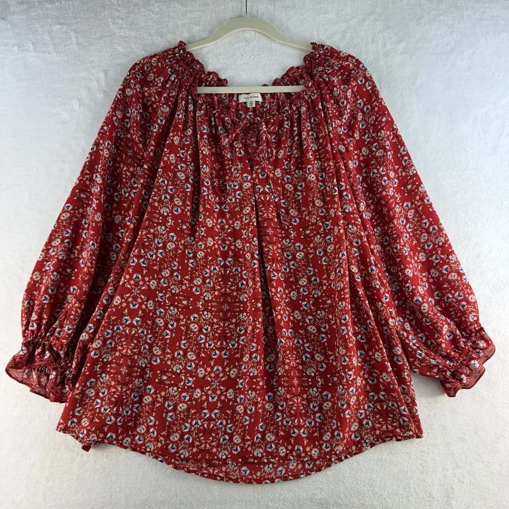 Max Studio Plus 1X Top Red Floral Peasant Blouse Boho Cottagecore Flowy Women's - Picture 2 of 11